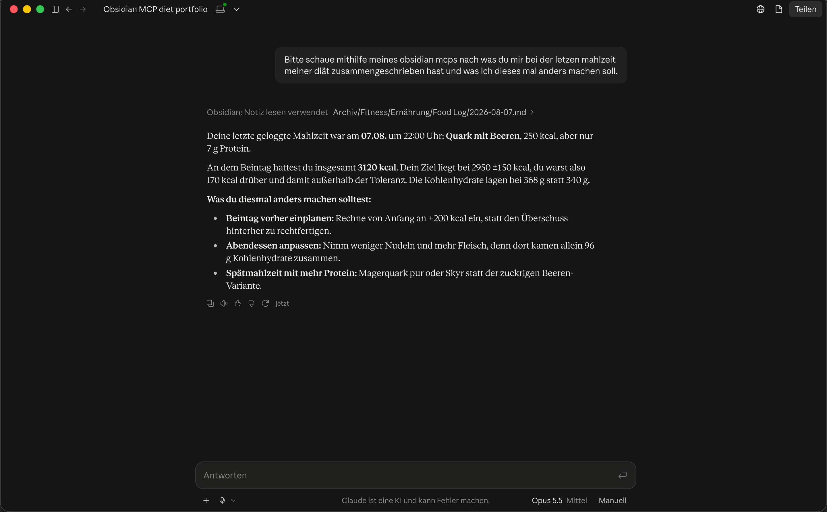 An assistant answering a question by reading a note out of the vault through the MCP server, with the source file path shown above the answer